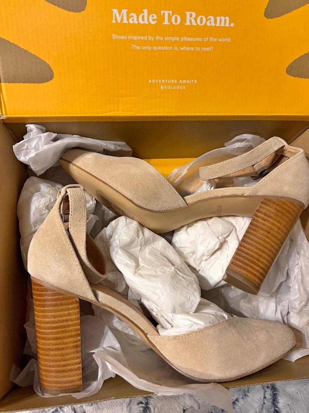**NIB - Soludos Neutral Suede Block Heel Sandals with Ankle Strap